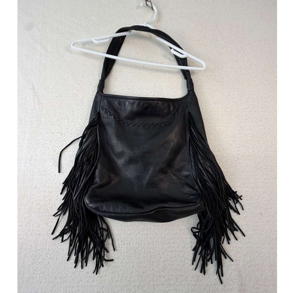 Margot Black Pebbled Genuine Leather Fringe Hobo Shoulder Bag Whipstitch Detail